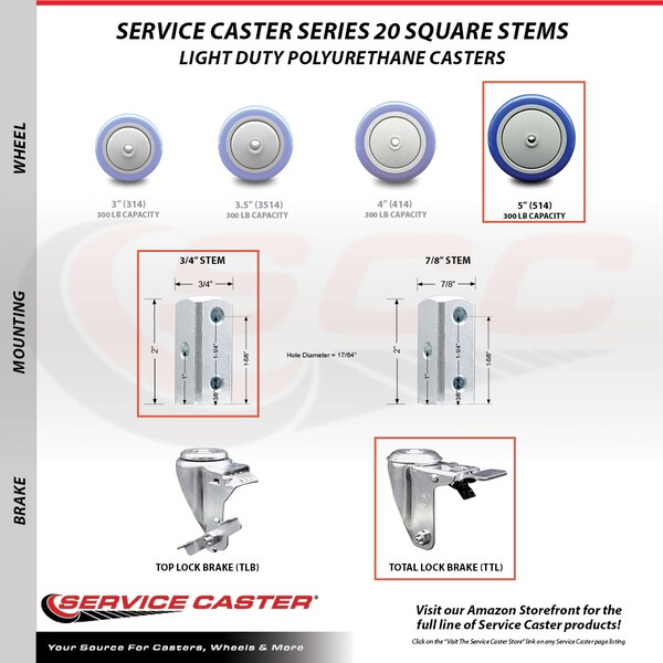 Service Caster 5 Inch Blue Poly Swivel 3/4 Inch Square Stem Caster Total Lock Brakes SCC, 2PK SCC-SQTTL20S514-PPUB-BLUE-34-2-S-2 - main